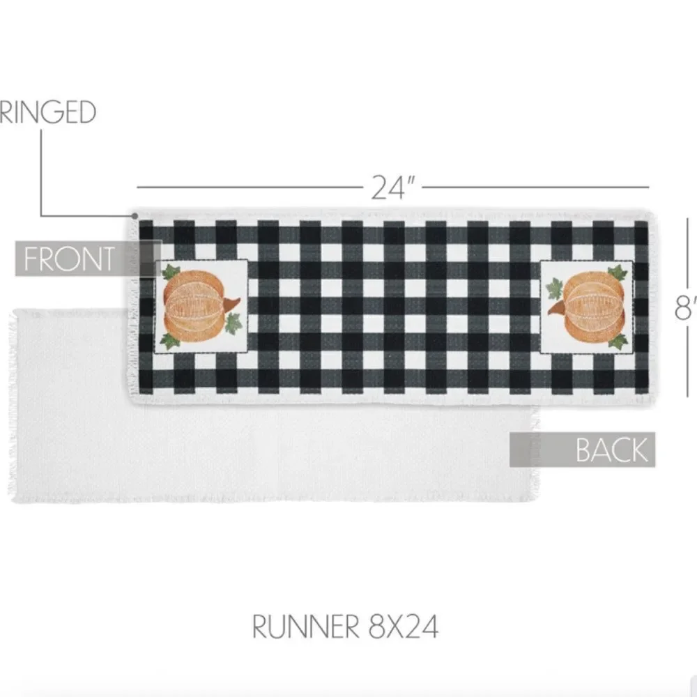Pumpkin Harvest Buffalo Plaid Table Runner 8x24 Country Farmhouse Fringed